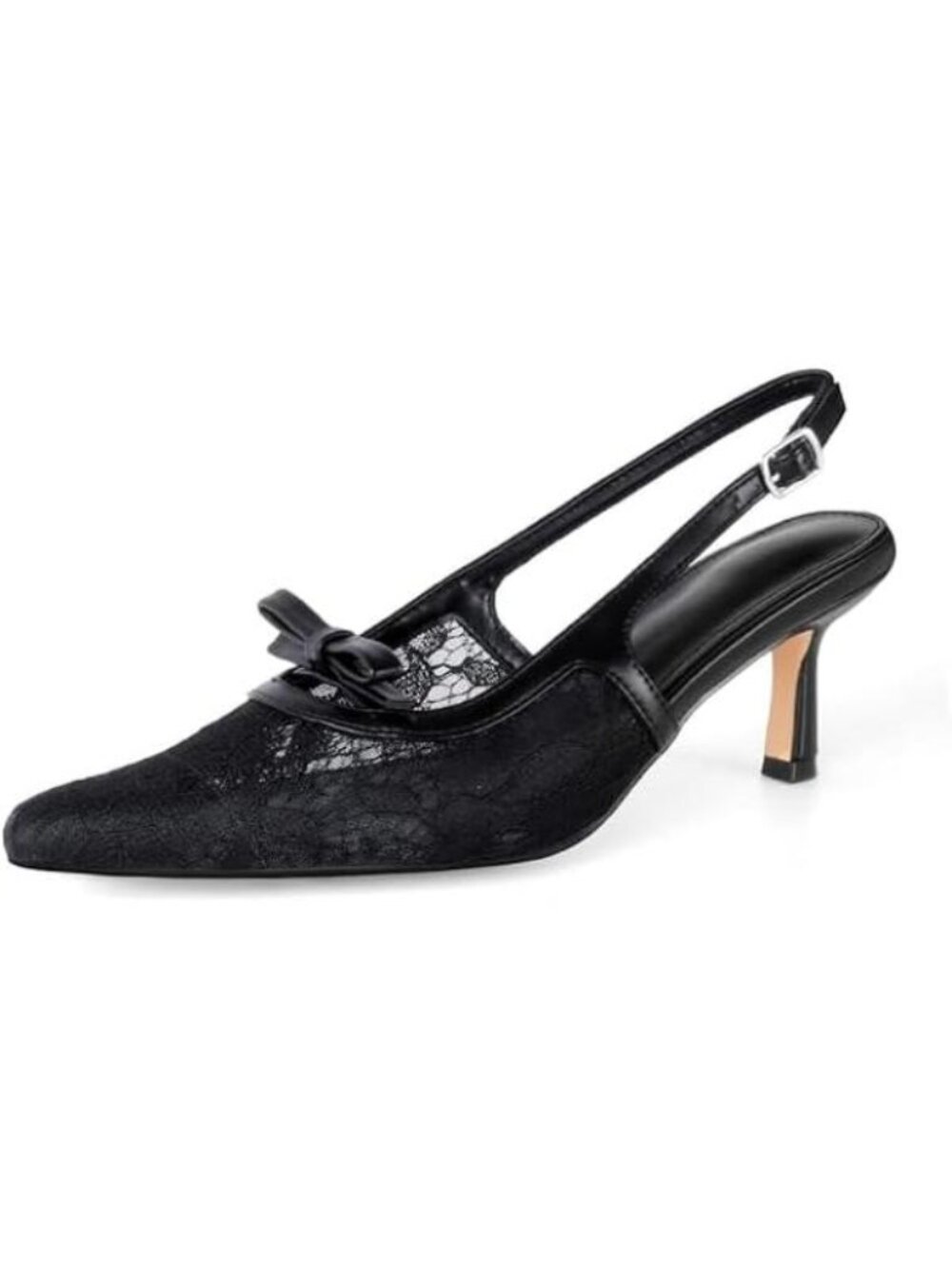 Women's Mesh Black Kitten Heels with Bow Pointed Close Toe Pumps Dress Party